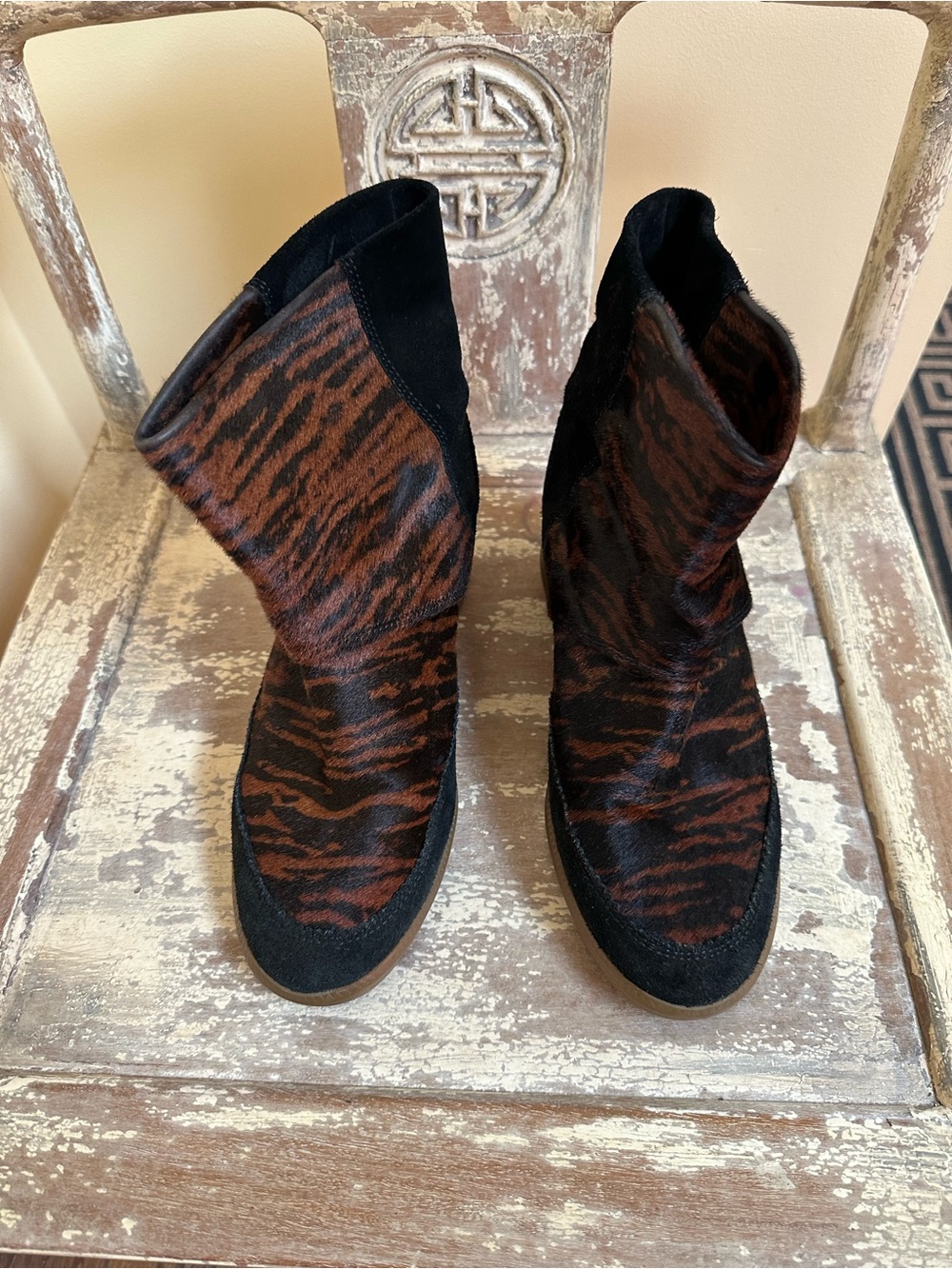 Isabel Marant Norwood Black/Brown Tiger-Stripe Pony Hair Ankle Boots Hidden Heel - Picture 3 of 11